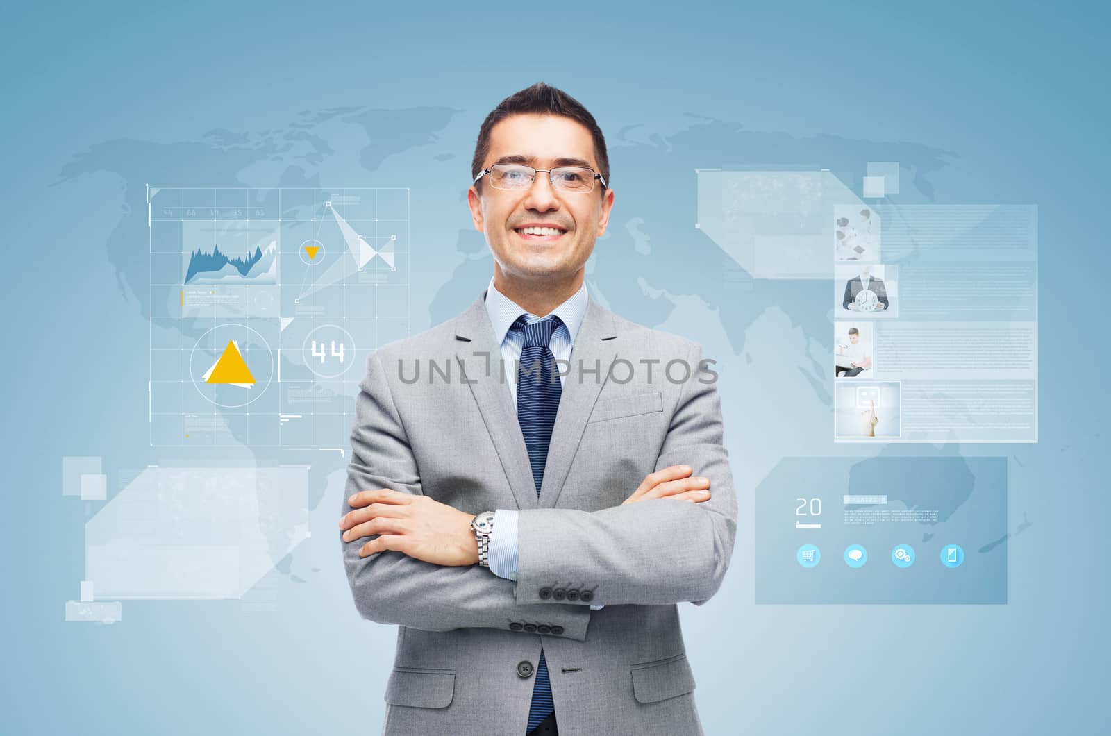 happy businessman with virtual screens by dolgachov