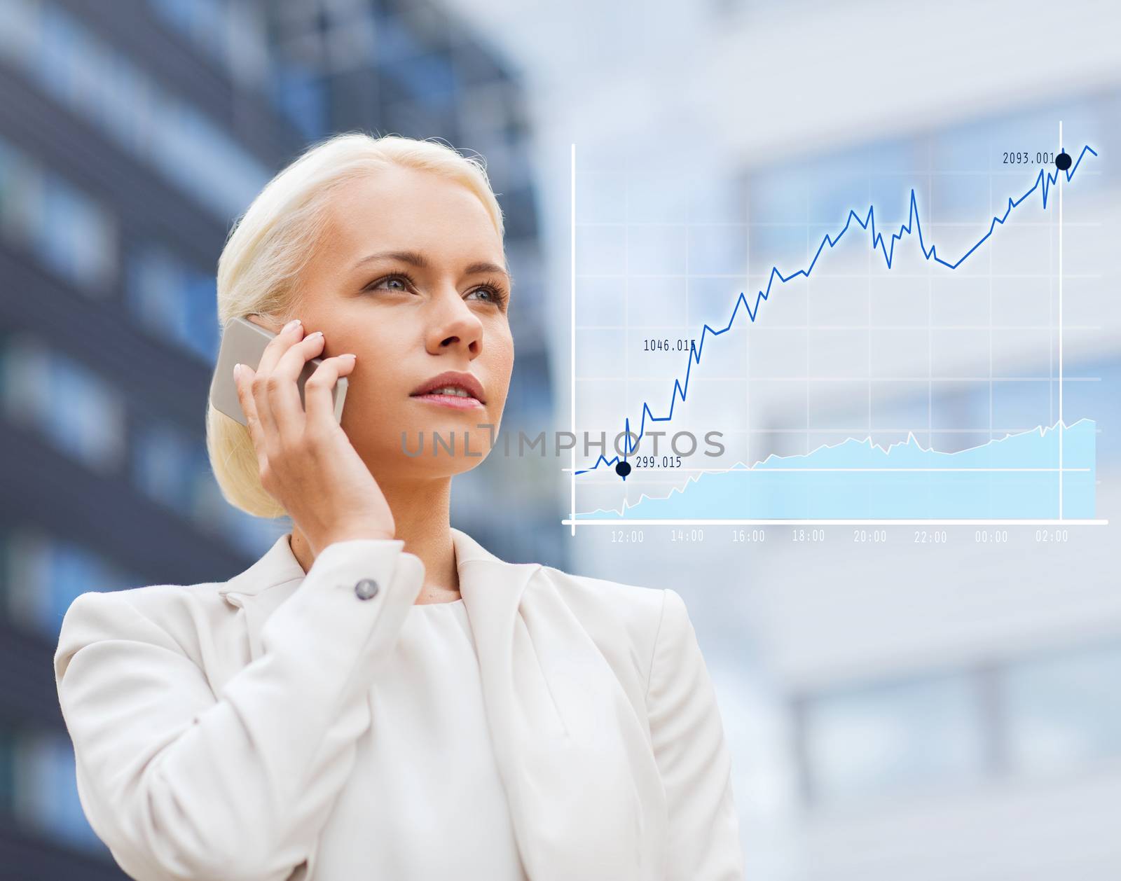 business, technology and people concept - serious businesswoman with smartphone talking over office building background