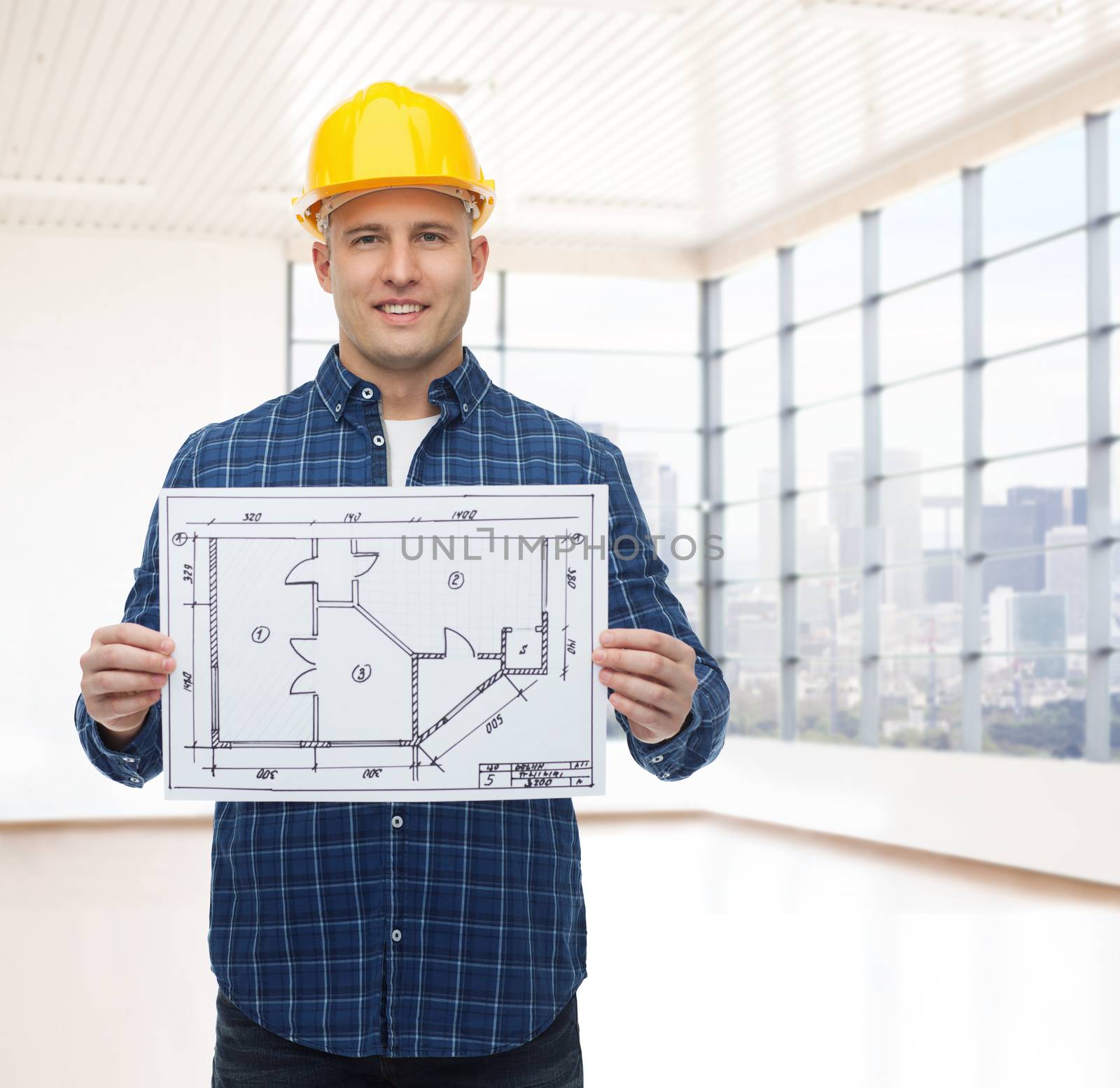 repair, construction, building, people and maintenance concept - smiling male builder or manual worker in helmet with blueprint over empty flat background