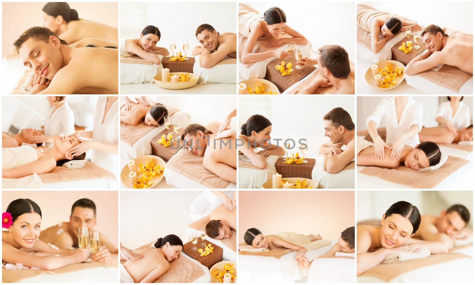 health and beauty, resort and relaxation concept - collage of many pictures with happy family couple in spa salon getting massage