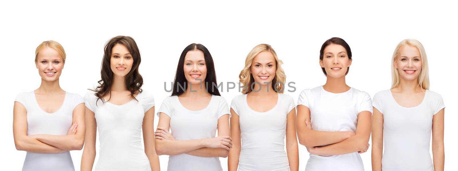 clothing design and people unity concept - group of happy smiling women in blank white t-shirts