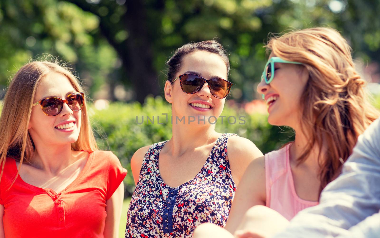 group of smiling friends outdoors sitting in park by dolgachov