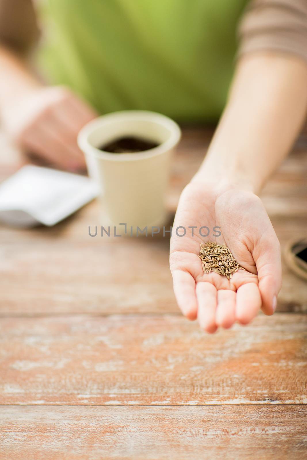 people, gardening, seeding and profession concept - close up of woman hand holding and showing seeds