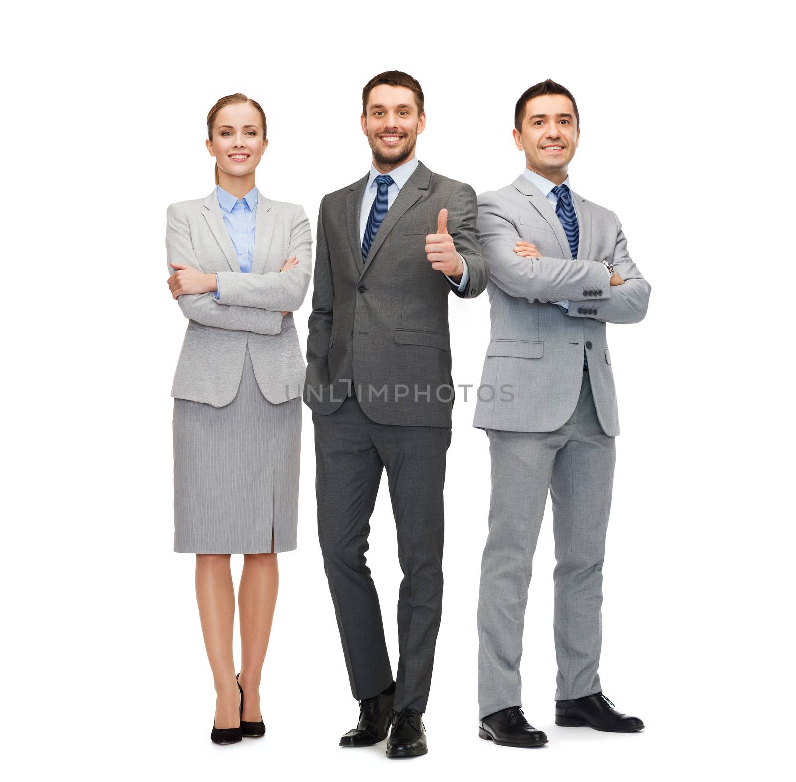 business, people, gesture and office concept - group of smiling businessmen showing thumbs up