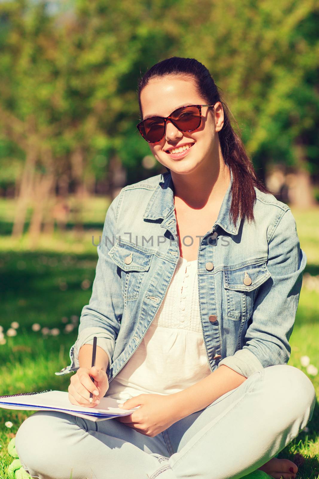 lifestyle, summer vacation, education and people concept - smiling young girl writing with pencil to notebook and sitting on grass in park