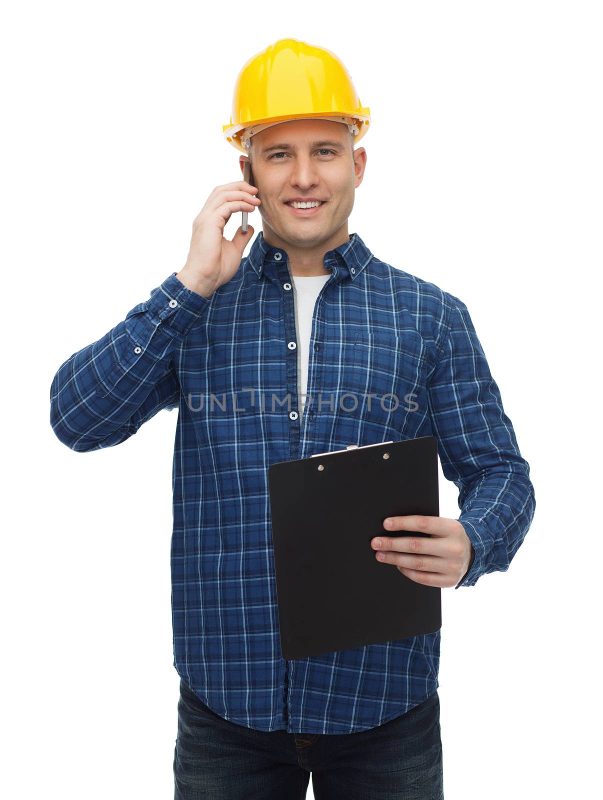 repair, building, construction and maintenance concept - smiling man or builder in helmet with clipboard calling on smartphone