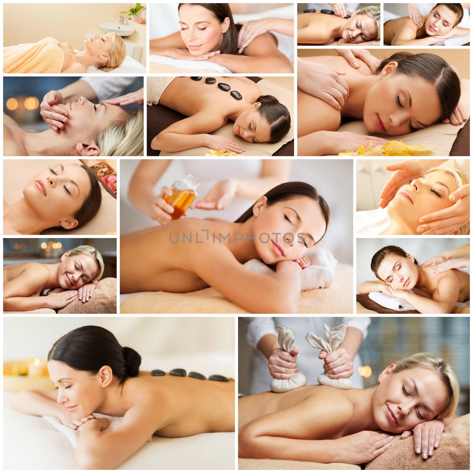 beauty, healthy lifestyle and relaxation concept - collage of many pictures with beautiful young women having facial or body massage in spa salon