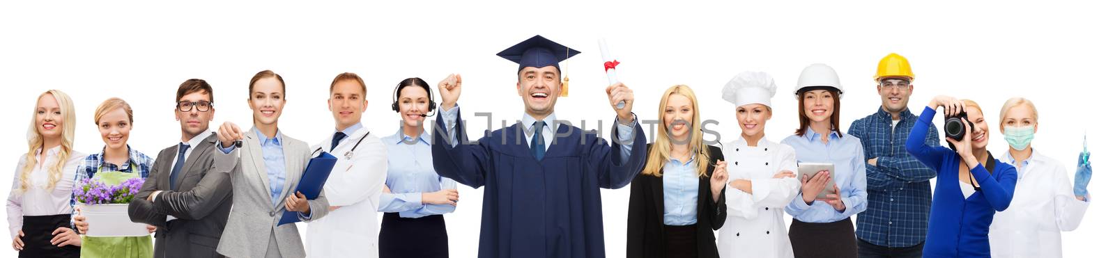 people, profession, education and success concept - happy bachelor with diploma over different workers behind