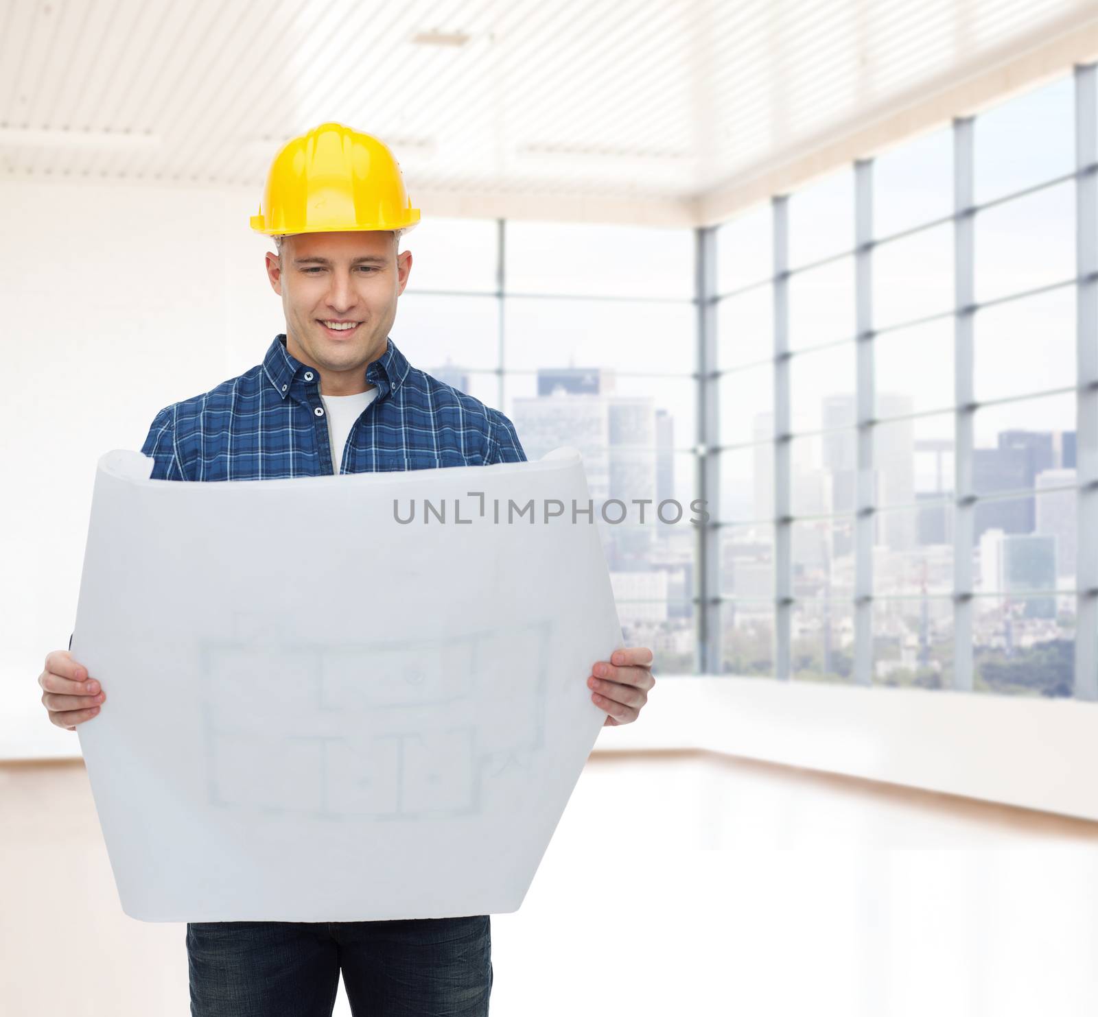 repair, construction, building, people and maintenance concept - smiling male builder or manual worker in helmet with blueprint over empty flat background