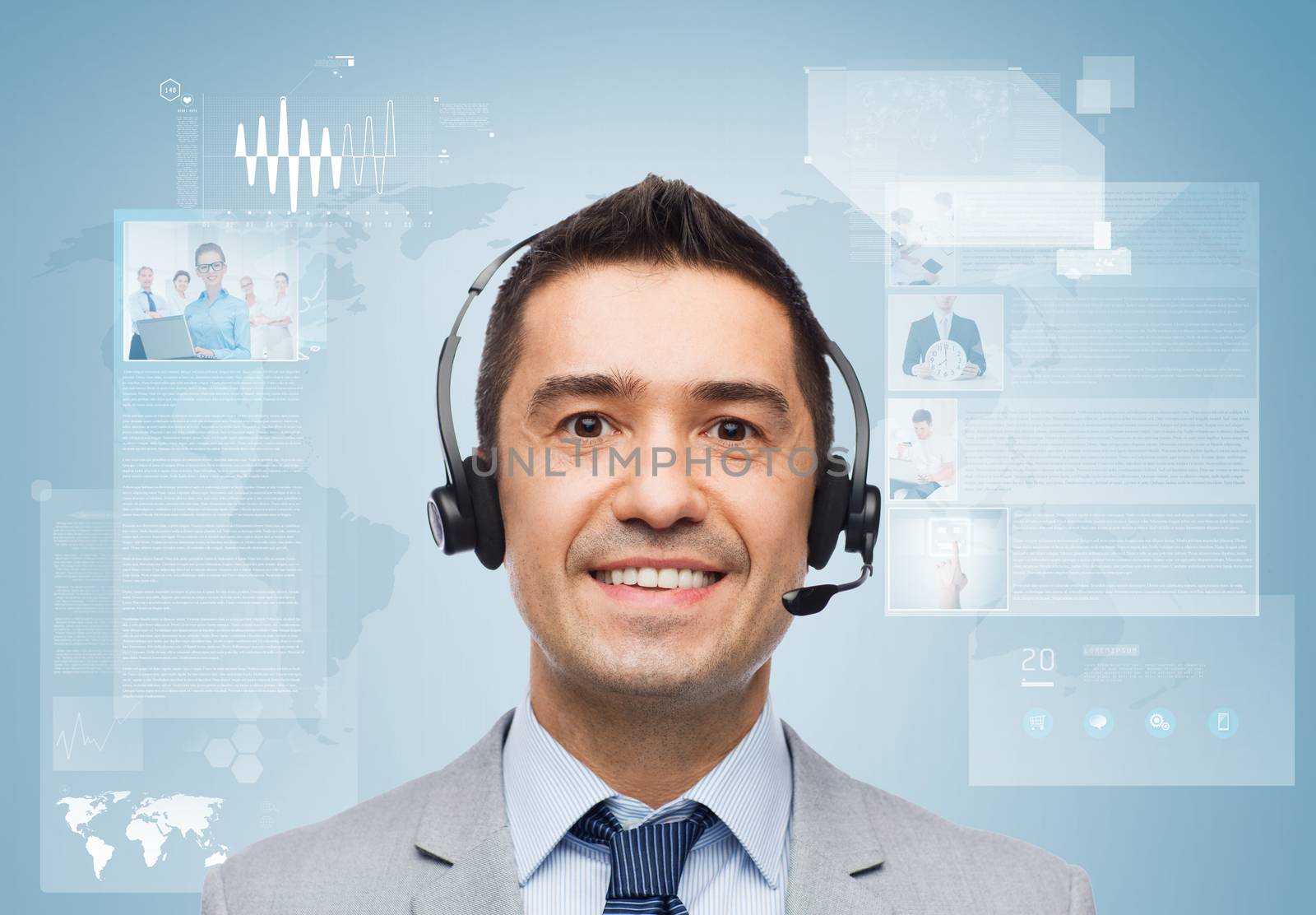 business, people, technology and service concept - smiling businessman in headset over blue background with world map and virtual screens