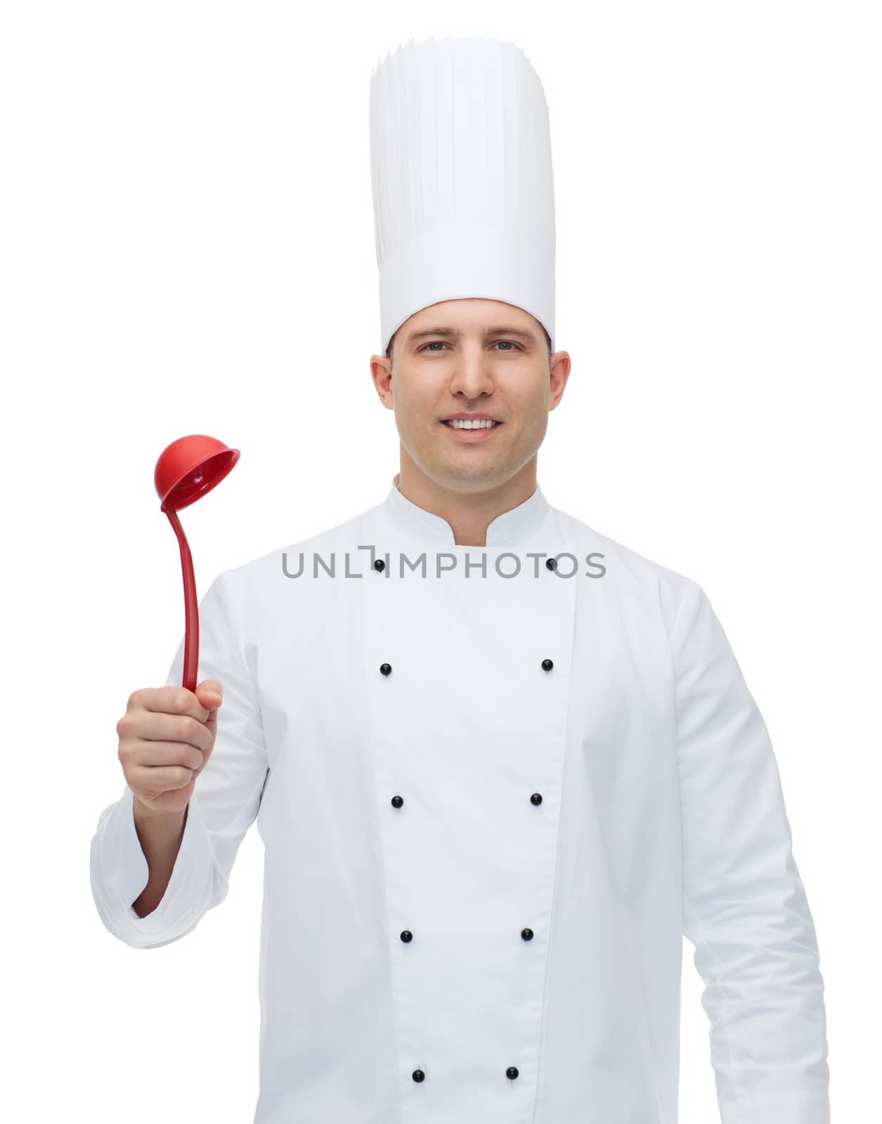 cooking, profession and people concept - happy male chef cook holding ladle