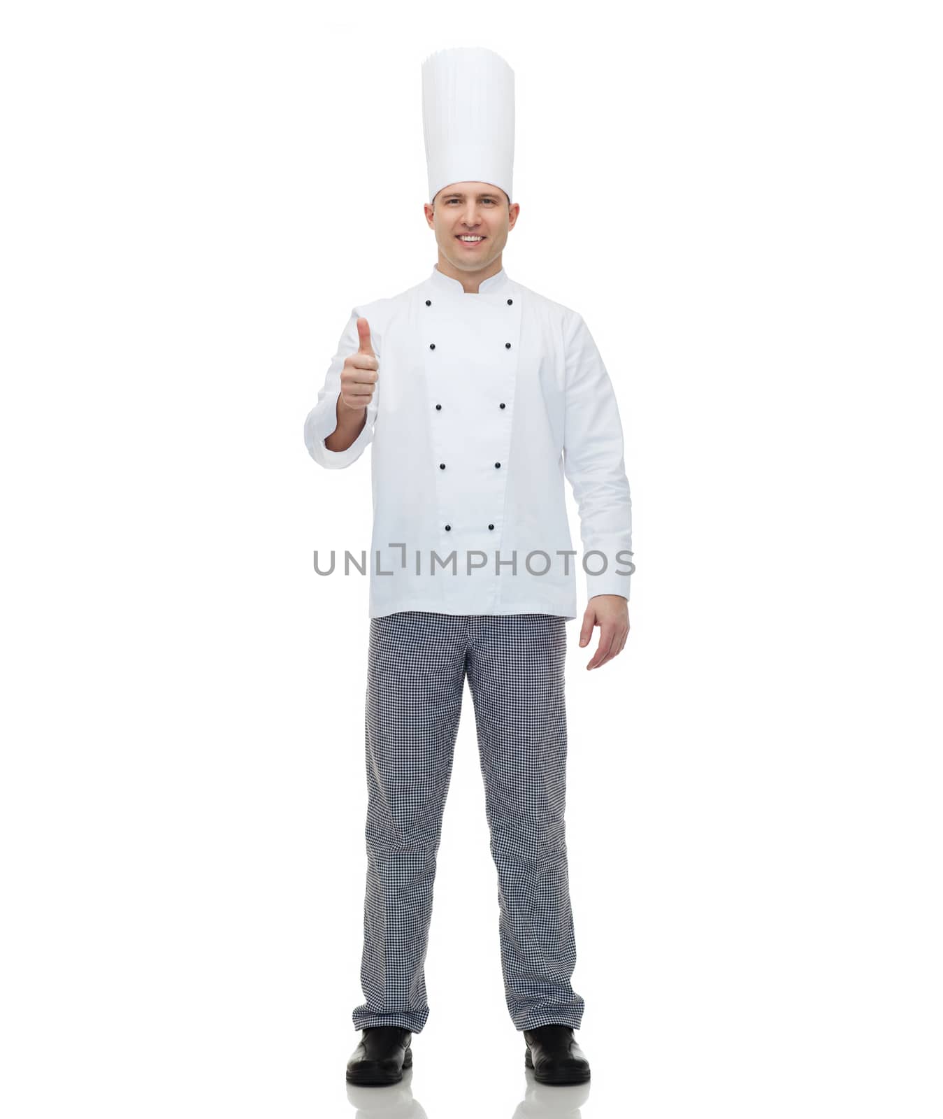 cooking, profession, gesture and people concept - happy male chef cook showing thumbs up