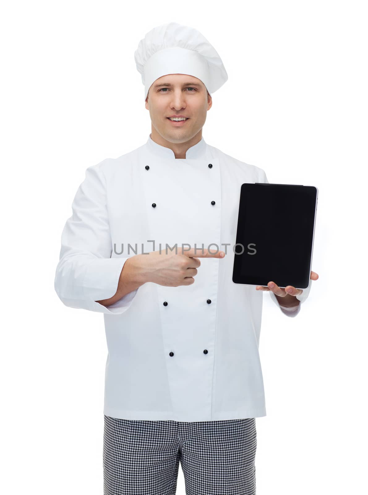 cooking, profession and people concept - happy male chef cook showing tablet pc computer black blank screen