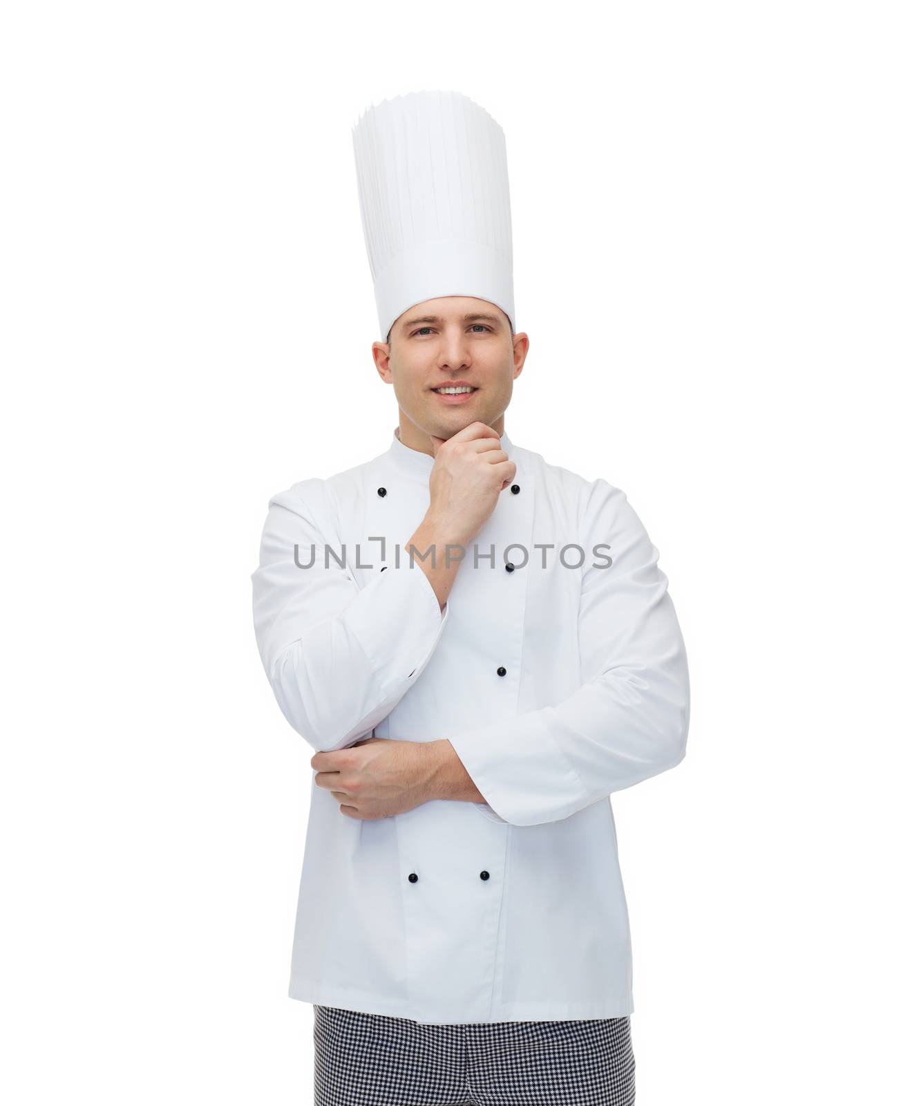cooking, profession, inspiration and people concept - happy male chef cook thinking
