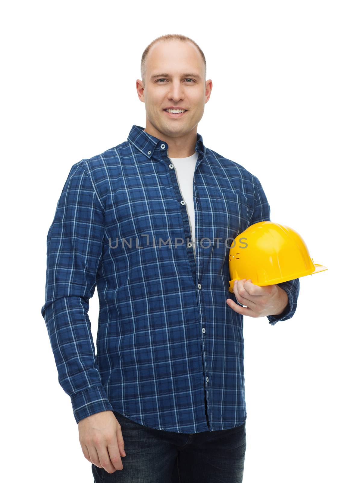 repair, building, construction and maintenance concept - smiling man in helmet with gloves