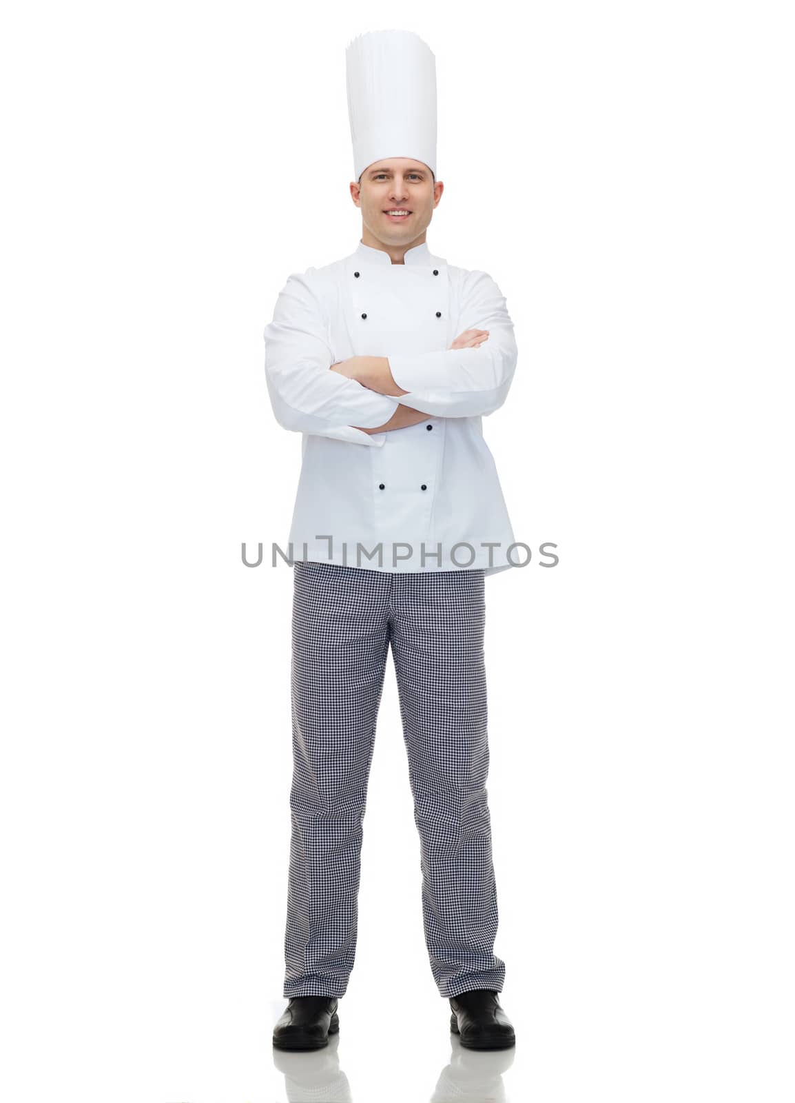 cooking, profession and people concept - happy male chef cook with crossed hands