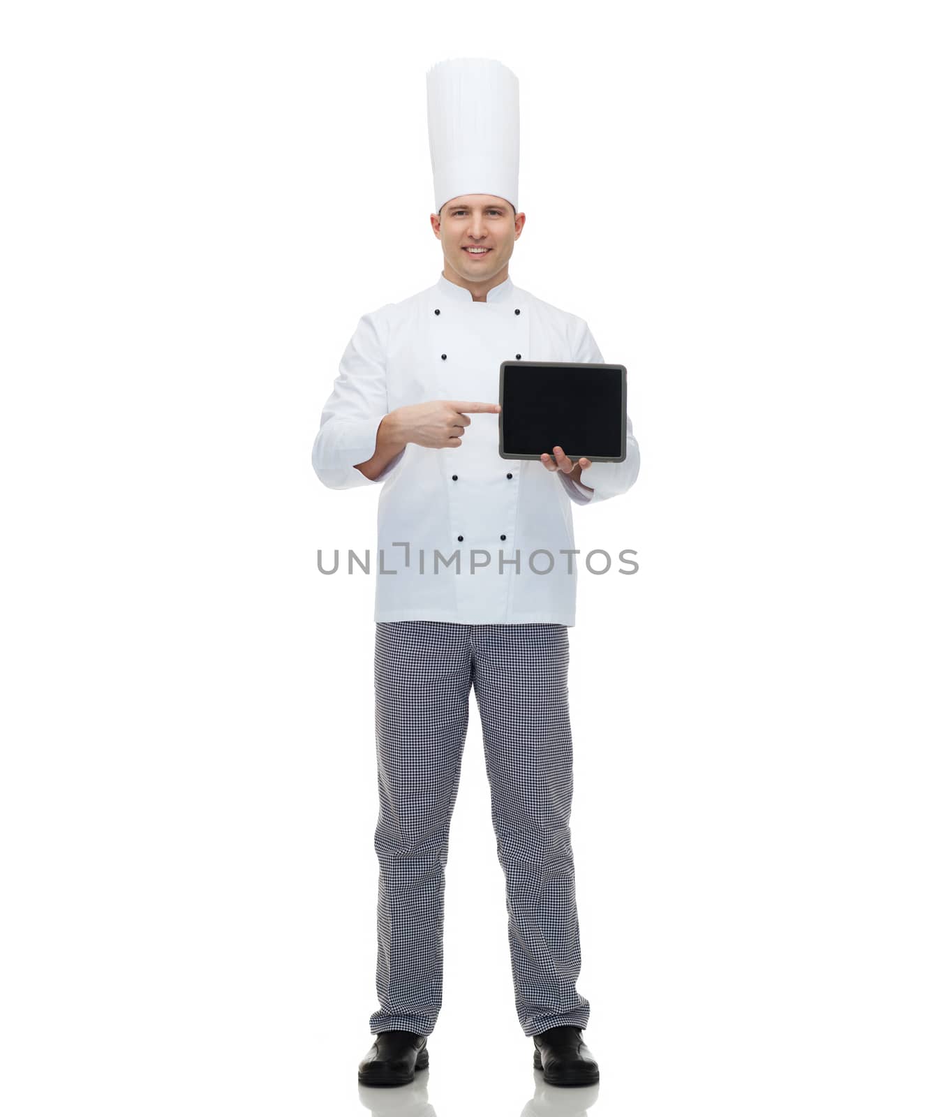 happy male chef cook showing with tablet pc by dolgachov