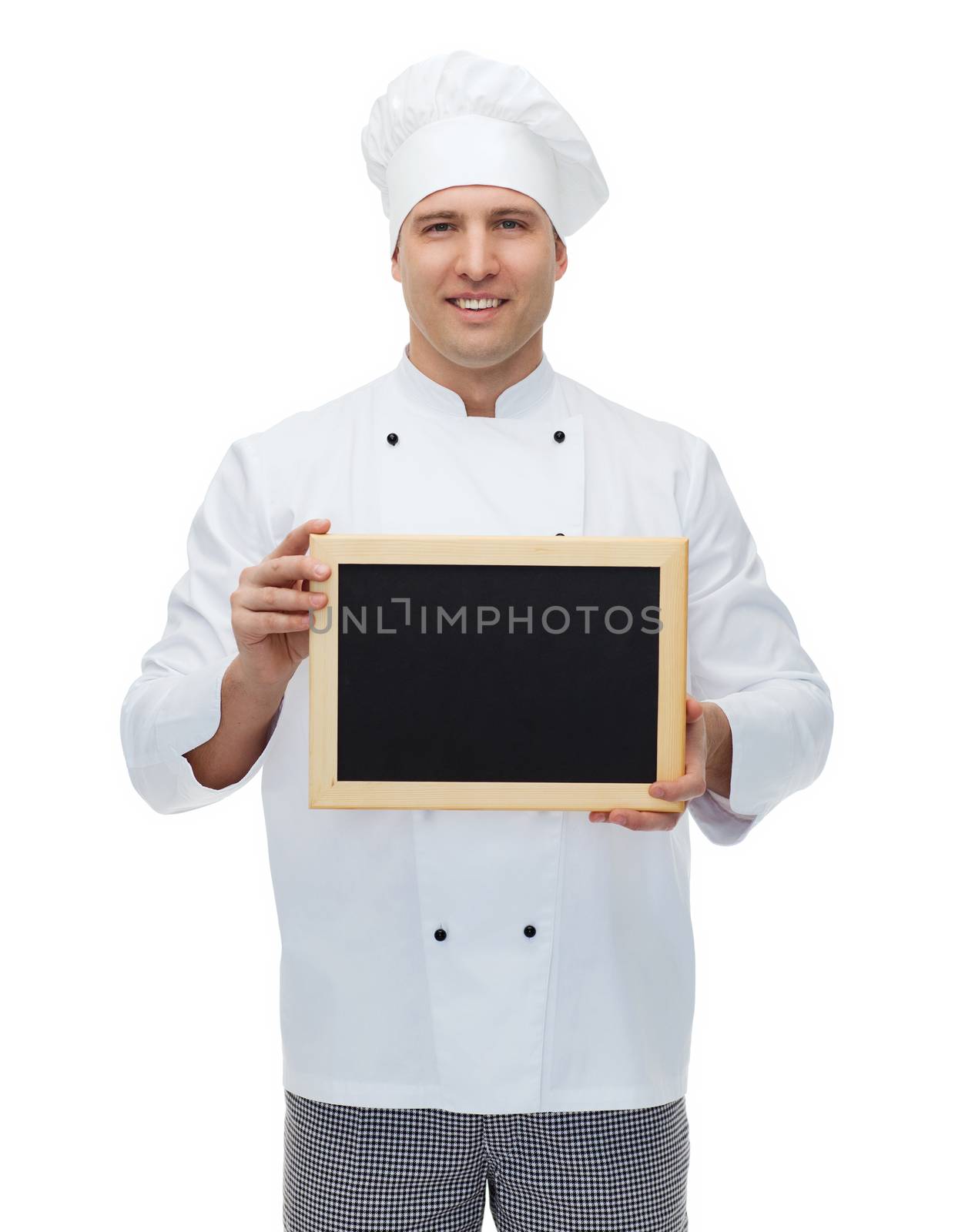 cooking, profession, advertisement and people concept - happy male chef cook showing and holding blank menu board