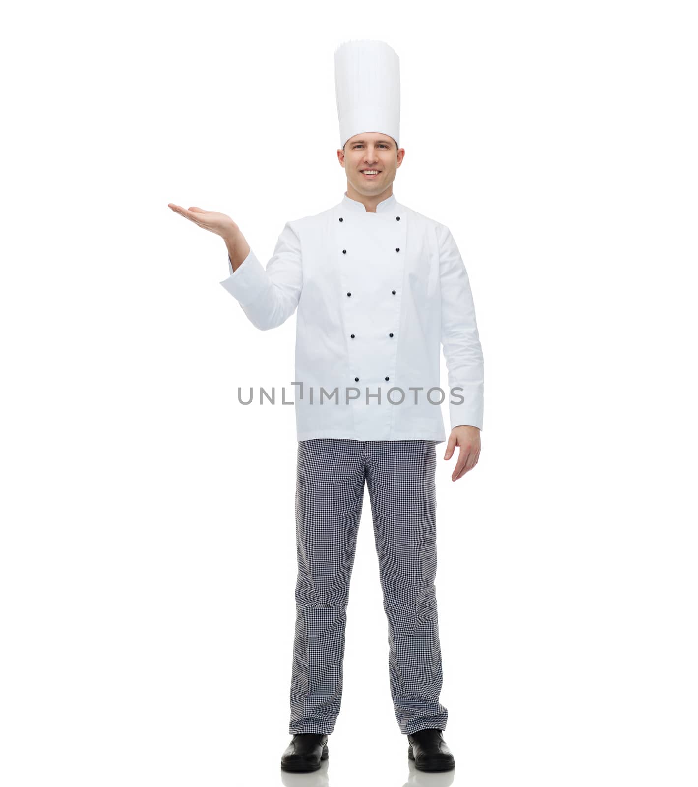 cooking, profession, advertisement and people concept - happy male chef cook showing something on empty palm