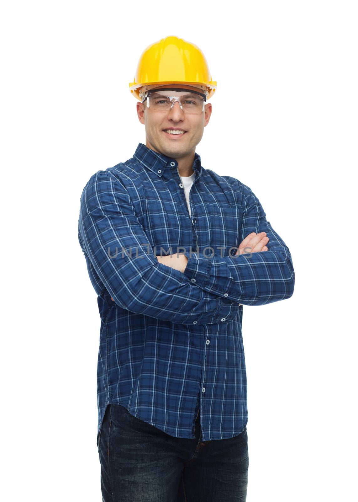 smiling man in helmet with gloves by dolgachov