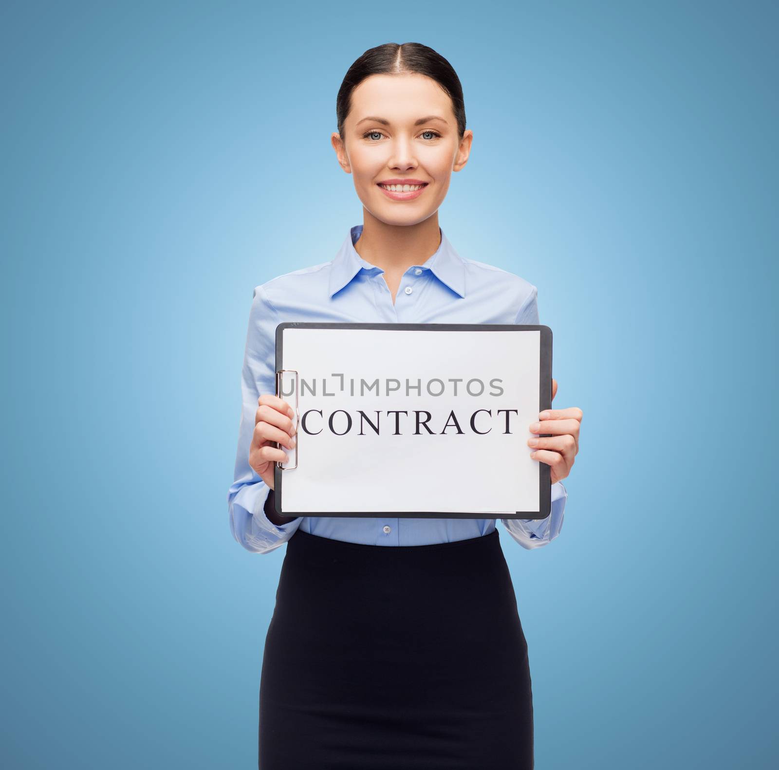 business, people, employment and law concept - young smiling businesswoman holding clipboard and contract over blue background