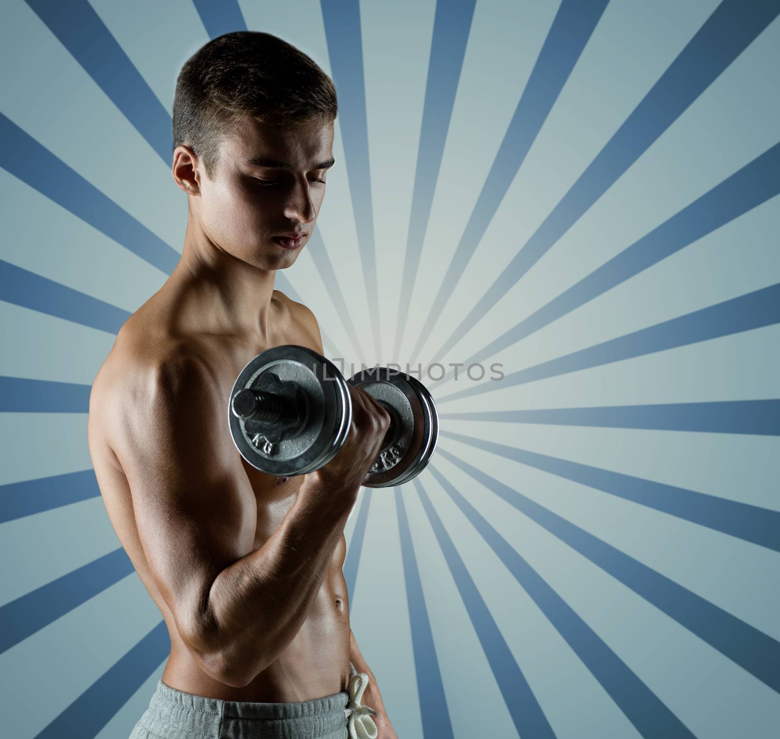 sport, fitness, weightlifting, bodybuilding and people concept - young man with dumbbell flexing biceps over blue burst rays background