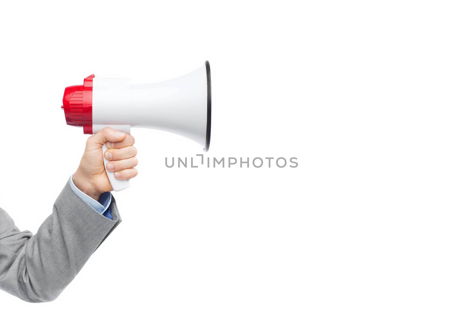 business, people and public announcement concept - closeup of male hand in suit with megaphone