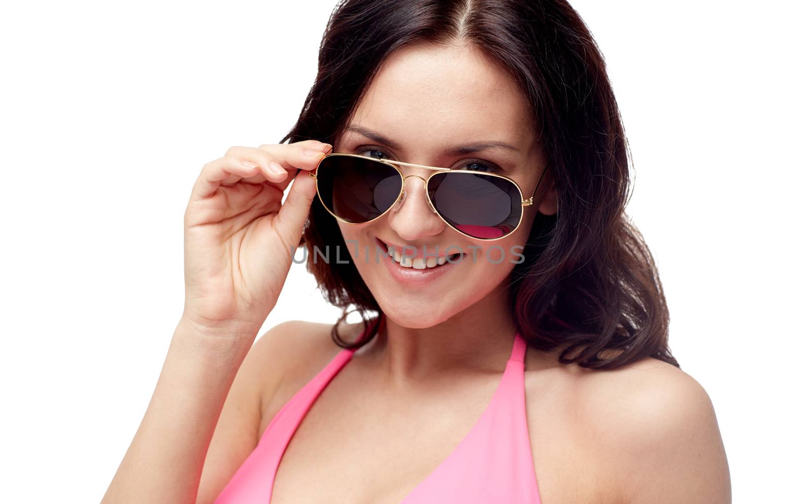 happy woman in sunglasses and swimsuit by dolgachov