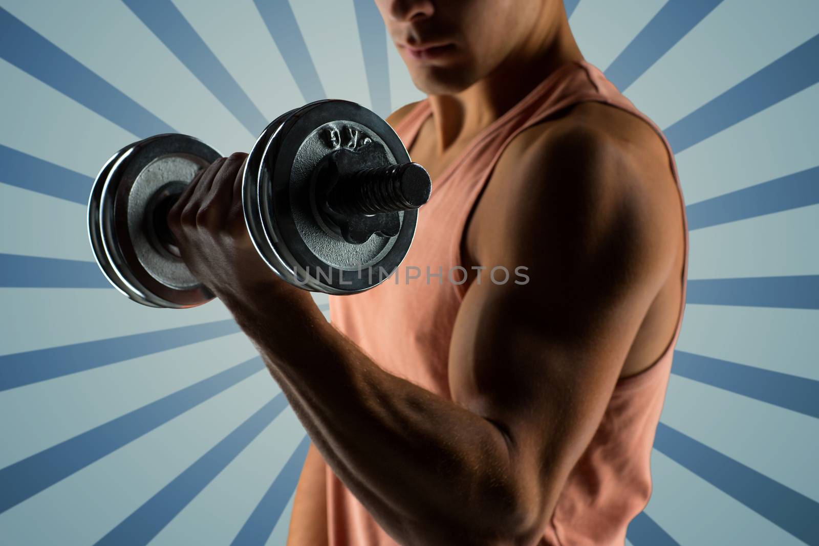 close up of young man with dumbbell flexing biceps by dolgachov