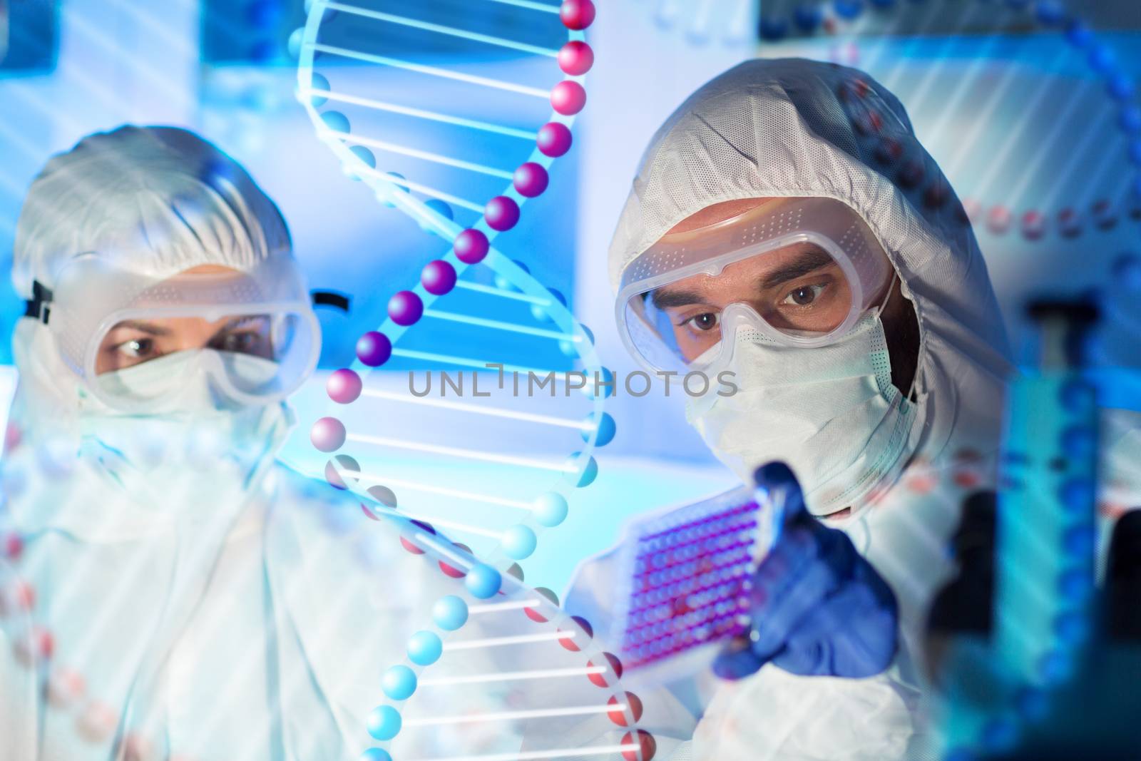 science, chemistry, medicine, research and people concept - close up of scientists looking at test sample plate in chemical laboratory over dna molecule structure