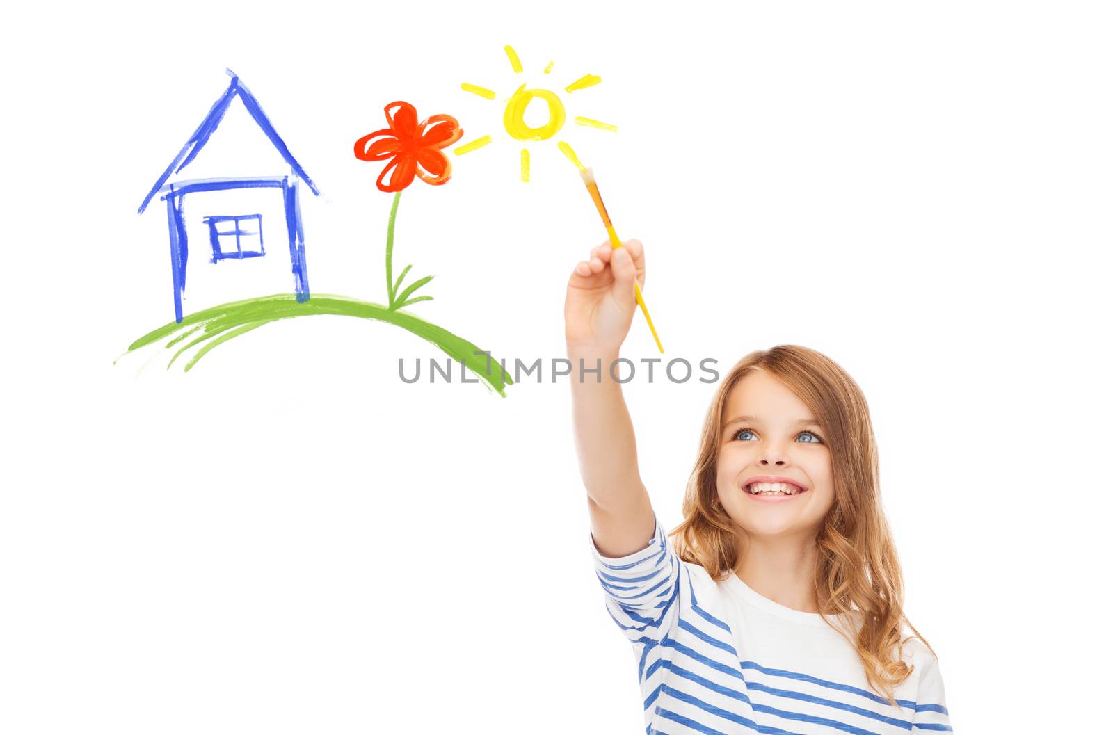 cute little girl drawing house with brush by dolgachov