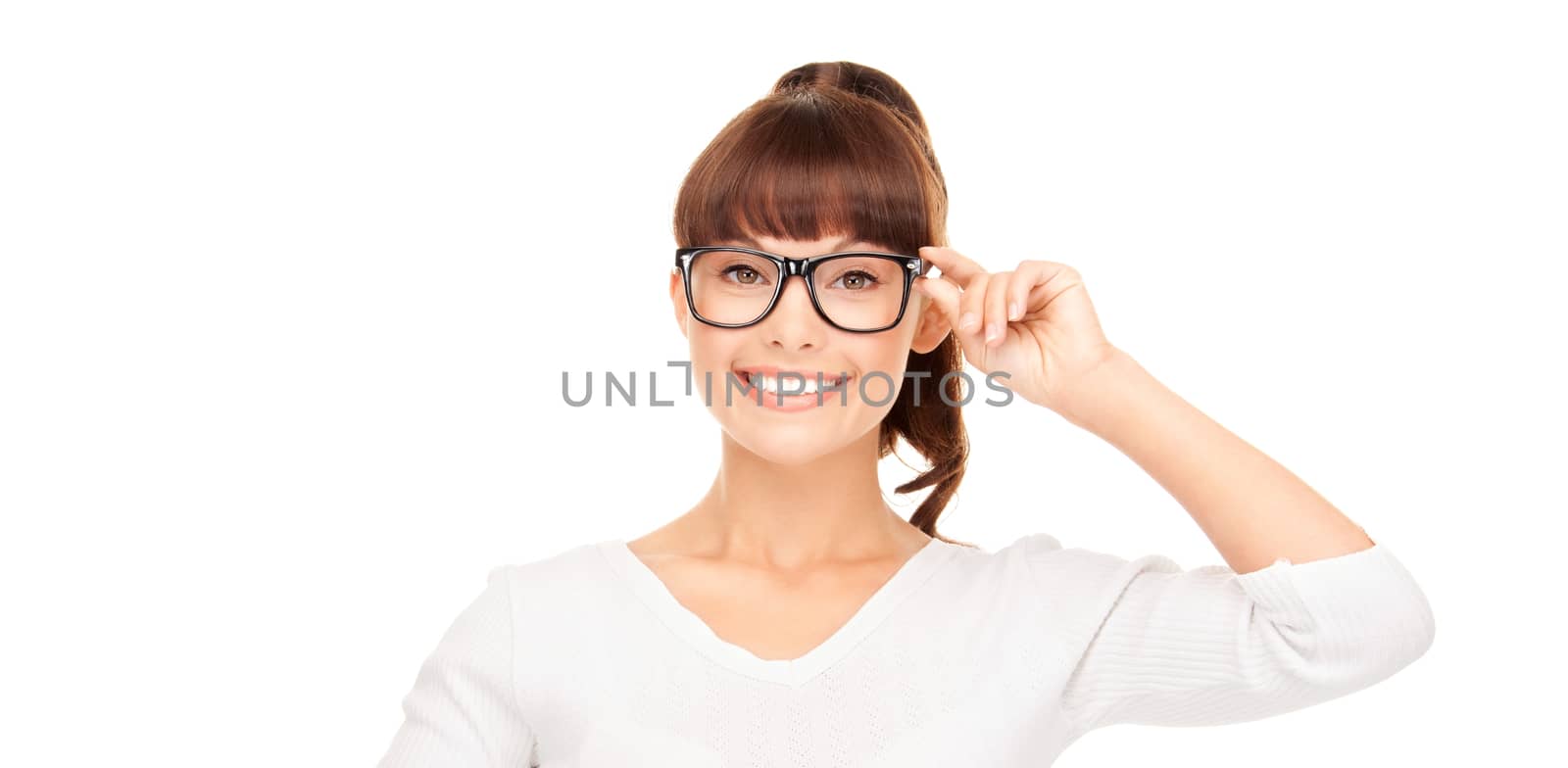 happiness, health and vision concept - smiling asian woman adjusting eyeglasses