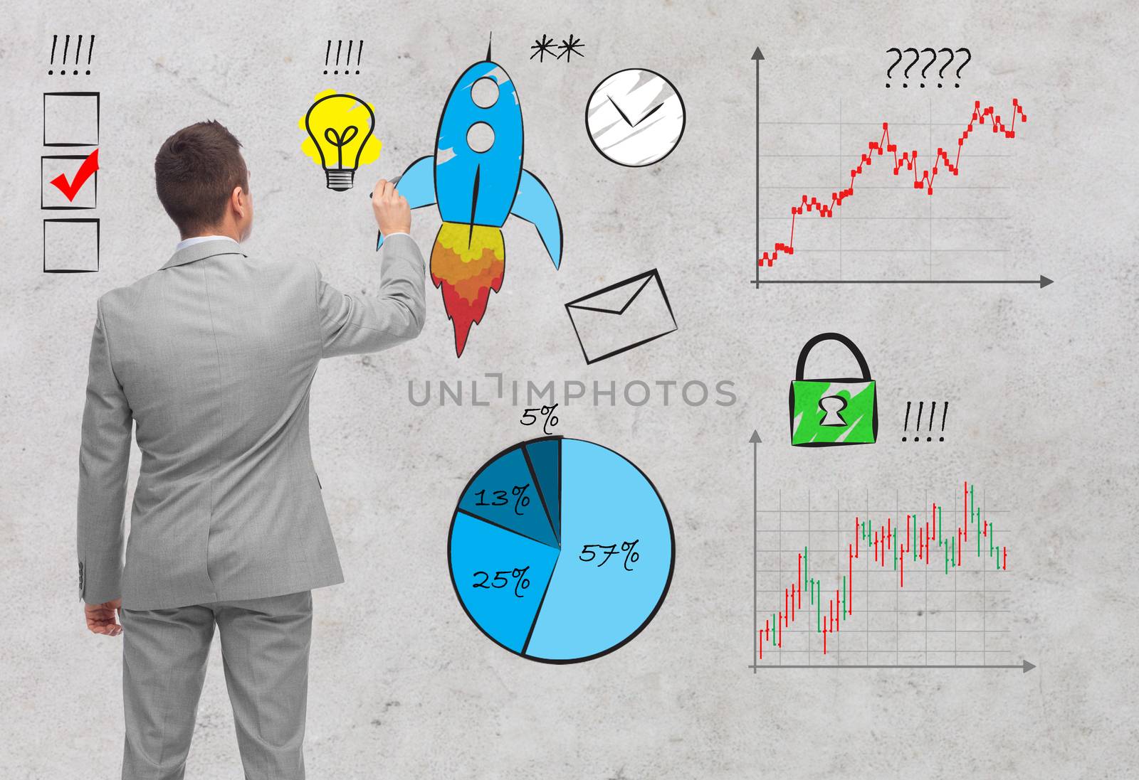 business, people, startup and management concept - businessman pointing to symbols from back