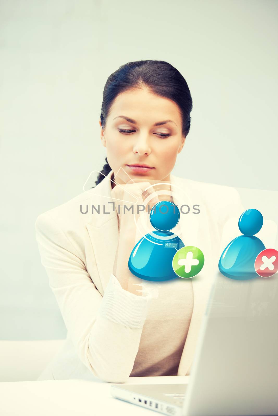 woman with laptop and contact icon by dolgachov