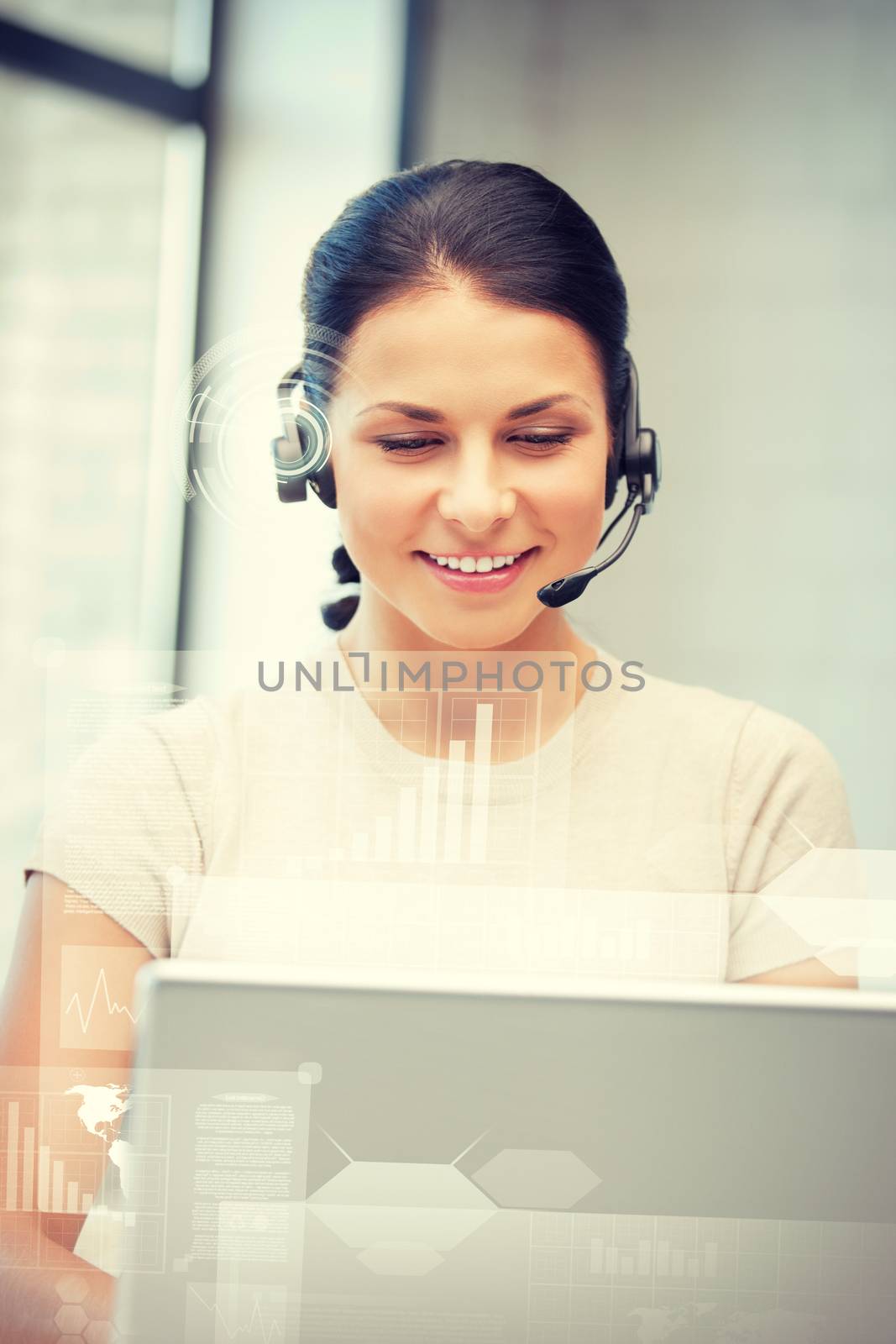 futuristic female helpline operator with headphones and virtual screen