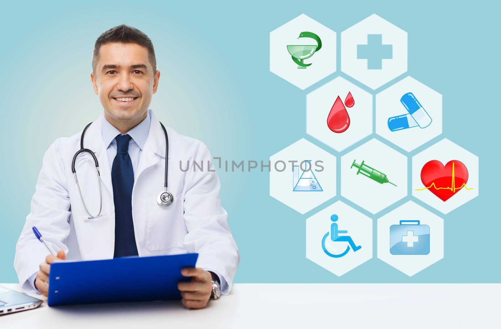 medicine, profession, technology and people concept - happy male doctor with clipboard and stethoscope over blue background with medical icons