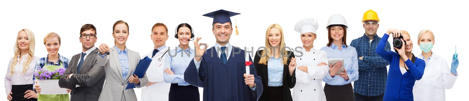 people, profession, education, gesture and success concept - happy bachelor with diploma showing ok sign over different workers behind