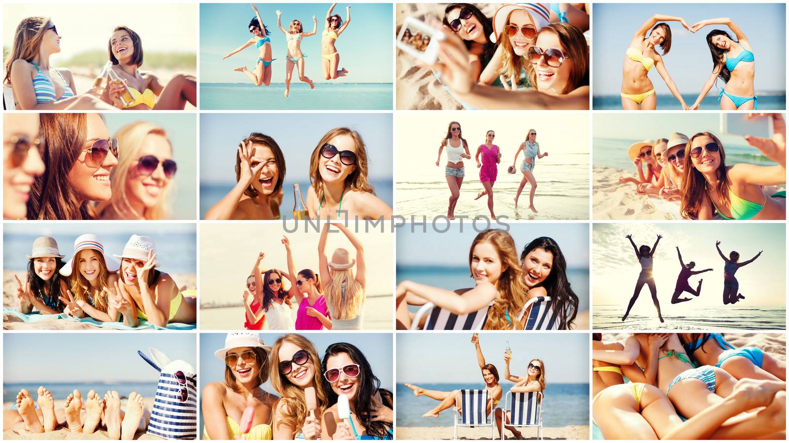 summer holidays and vacation concept - collage of many pictures with pretty girls having fun on the beach and taking selfie