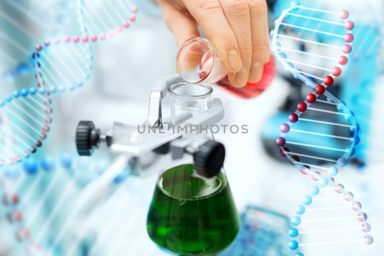 science, chemistry, biology, medicine and people concept - close up of scientist hand filling test tubes and making research in clinical laboratory over dna molecule structure