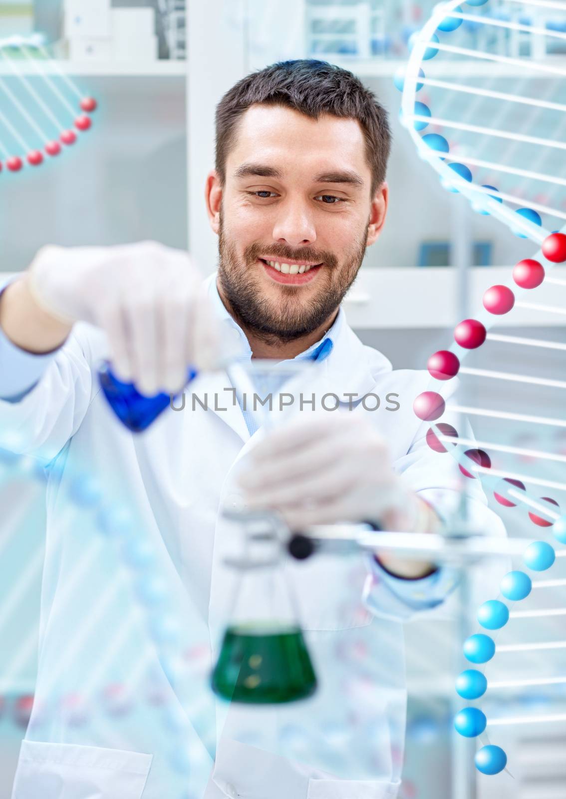 science, chemistry, technology, biology and people concept - young scientist mixing reagents from glass flasks and making test or research in clinical laboratory over dna molecule structure