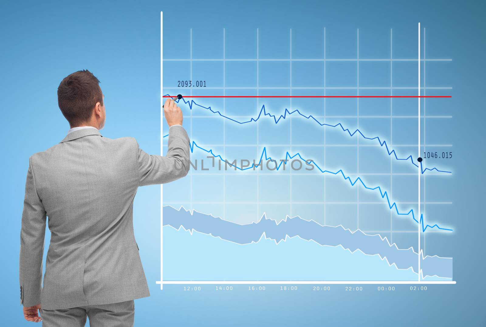 business, people, statistics and economical crisis concept - businessman drawing virtual chart from back over blue background