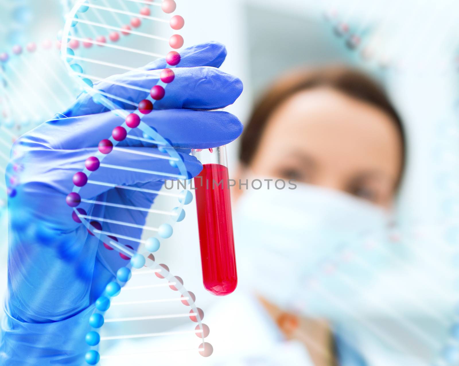 science, chemistry, biology, medicine and people concept - close up of young female scientist holding test tube with blood sample making research in clinical laboratory over dna molecule structure