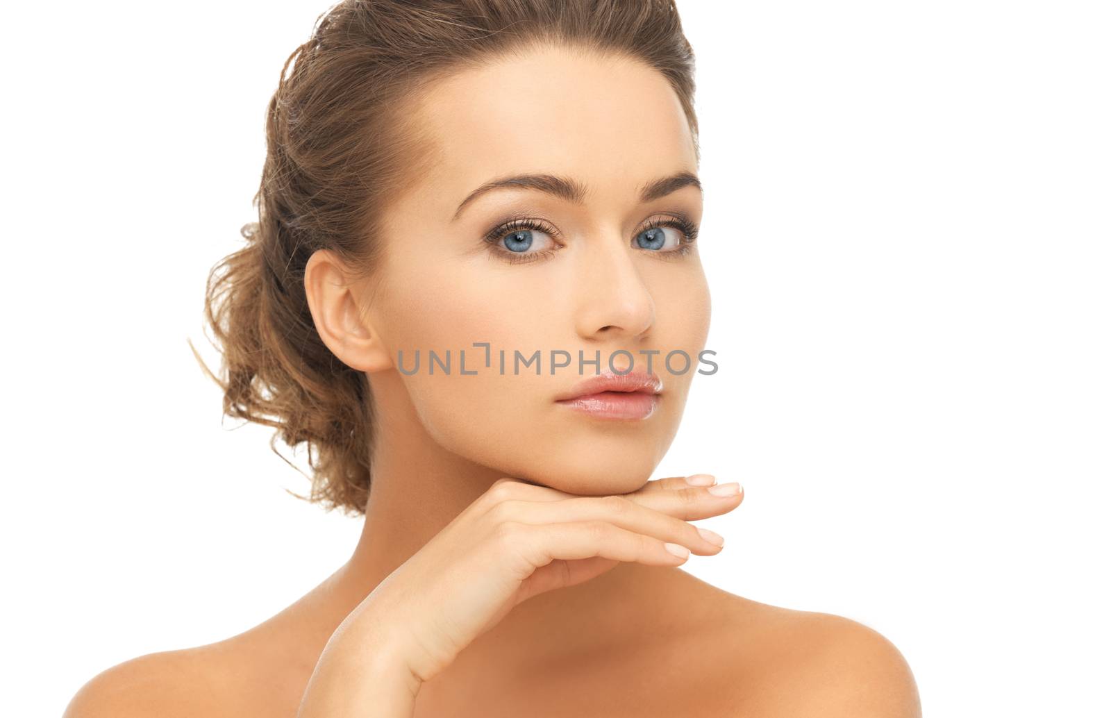 health and beauty concept - face and hands of beautiful woman with updo (can be used as a template for jewelry)