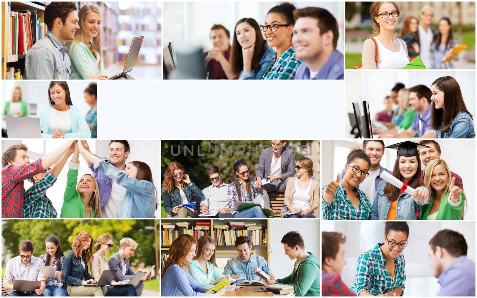 education concept - collage with many pictures of students in college, university or high school with copyspace