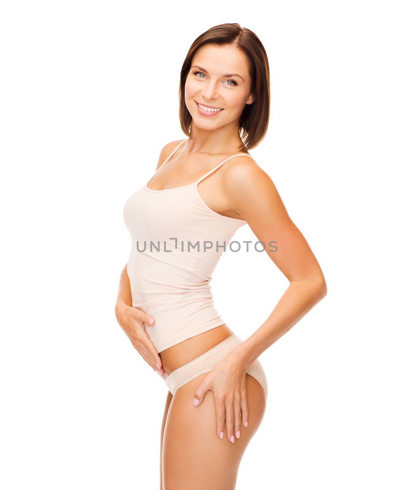 health and beauty - woman in cotton underwear showing slimming concept