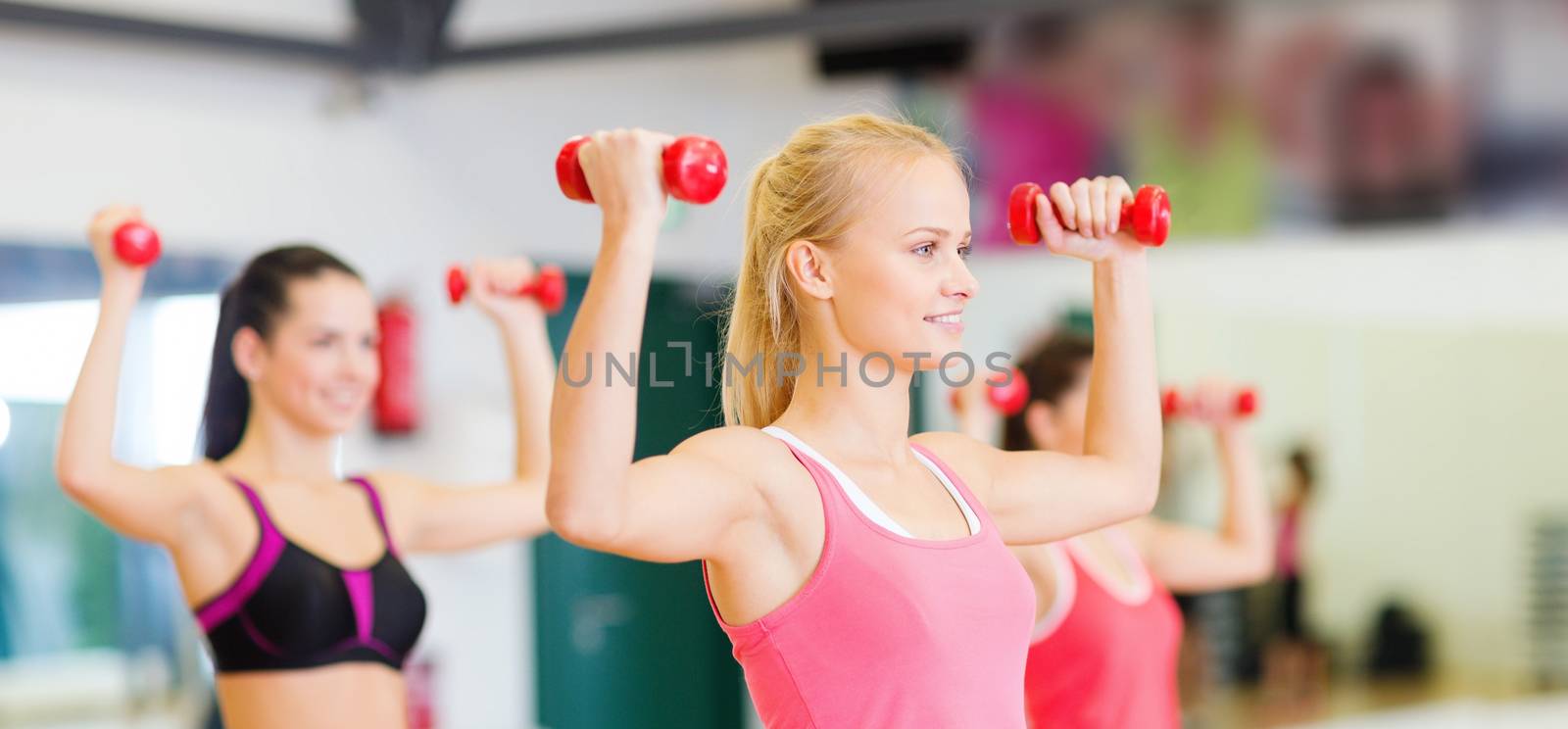 fitness, sport, training, gym and lifestyle concept - group of smiling women working out with dumbbells in the gym