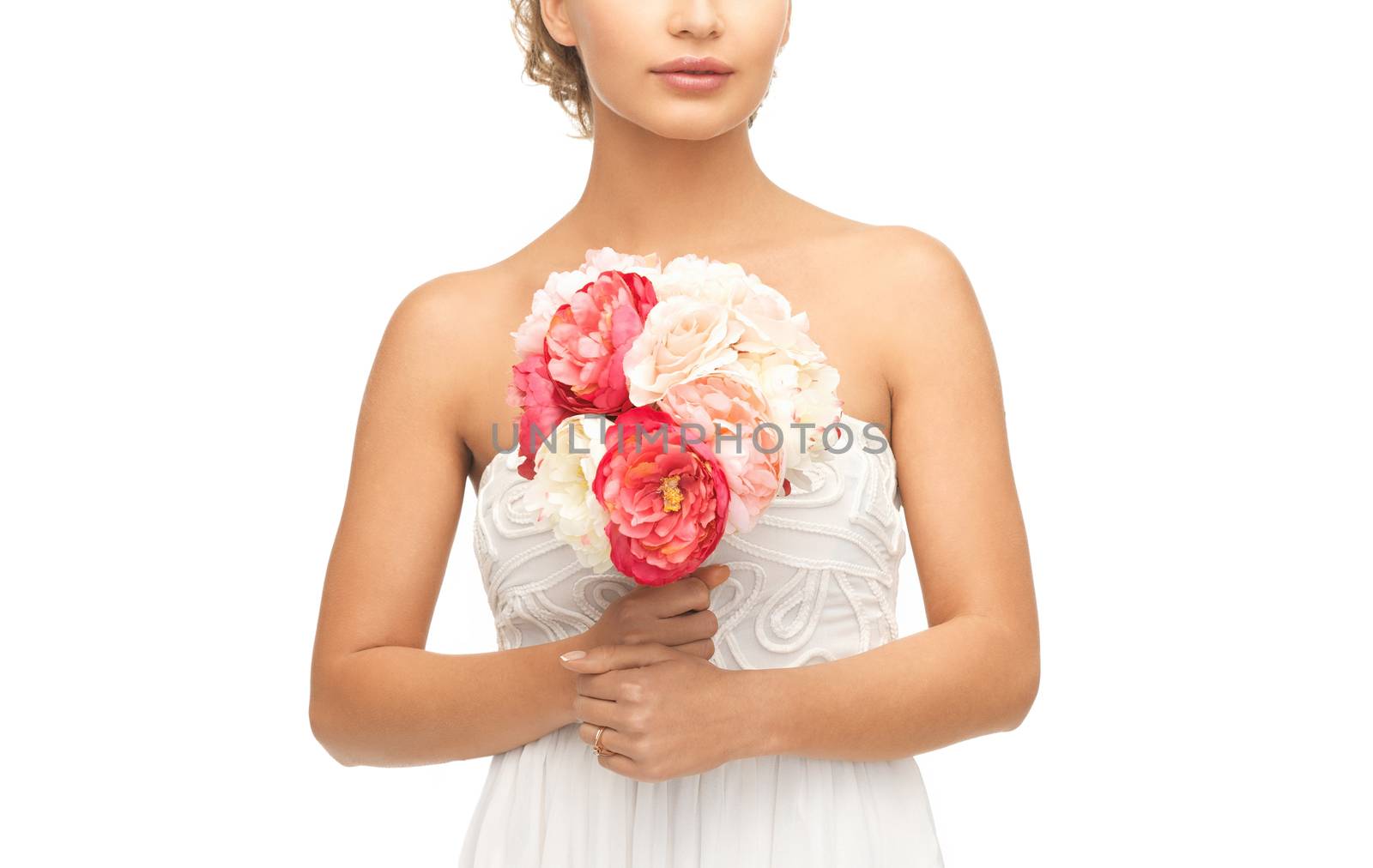 picture of young woman with bouquet of flowers.