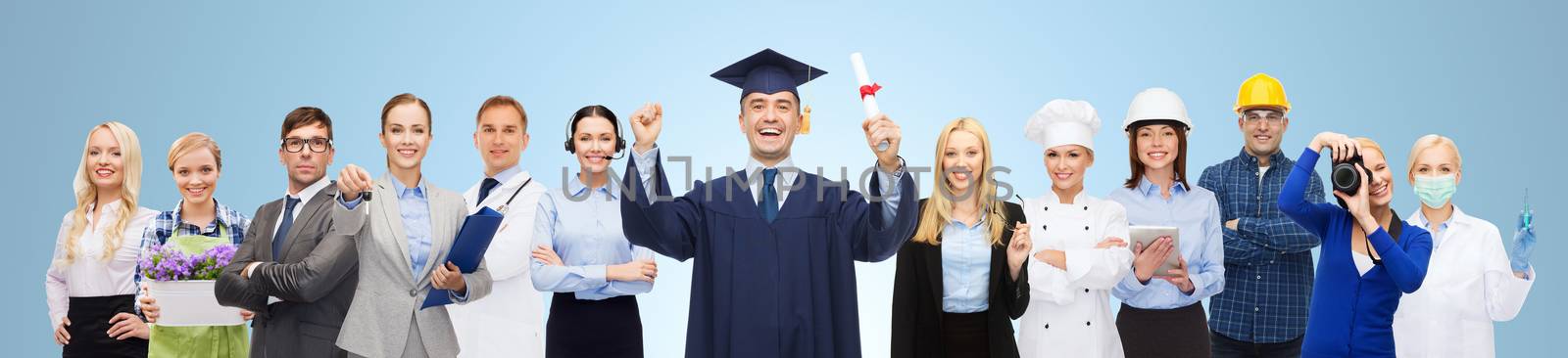 people, profession, education and success concept - happy bachelor with diploma over different workers and blue background