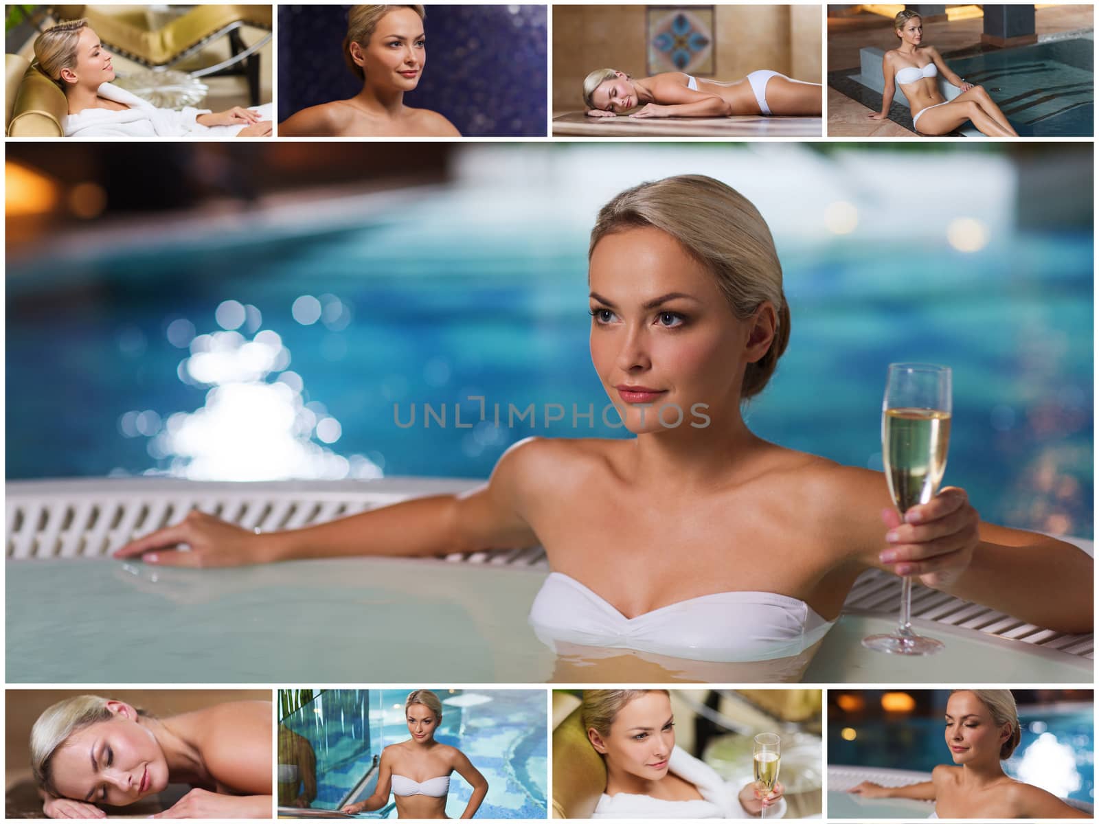 beauty, spa, healthy lifestyle concept - beautiful young woman relaxing at luxury spa with hammam sauna and swimming pool