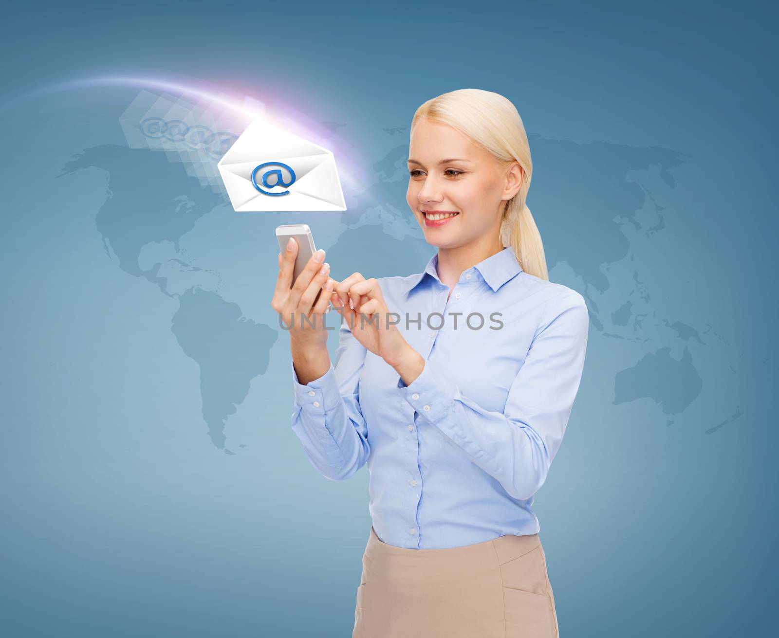 business, technology and internet concept - businesswoman with smartphone over blue background